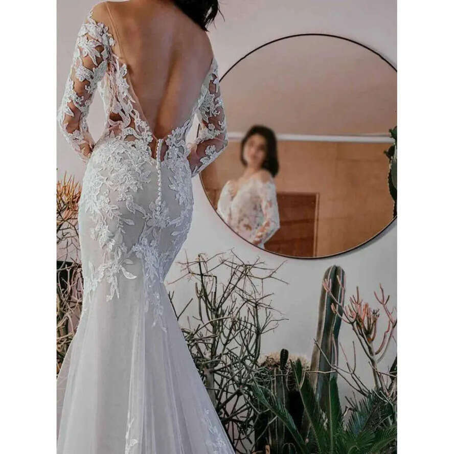 Boho Wedding Mermaid Long Sleeves Dresses Elegant Sheer Scoop Neck Lace Applique Sweep Train Beach Garden Plus Size Vestido Backless Bridal Gown De Bc