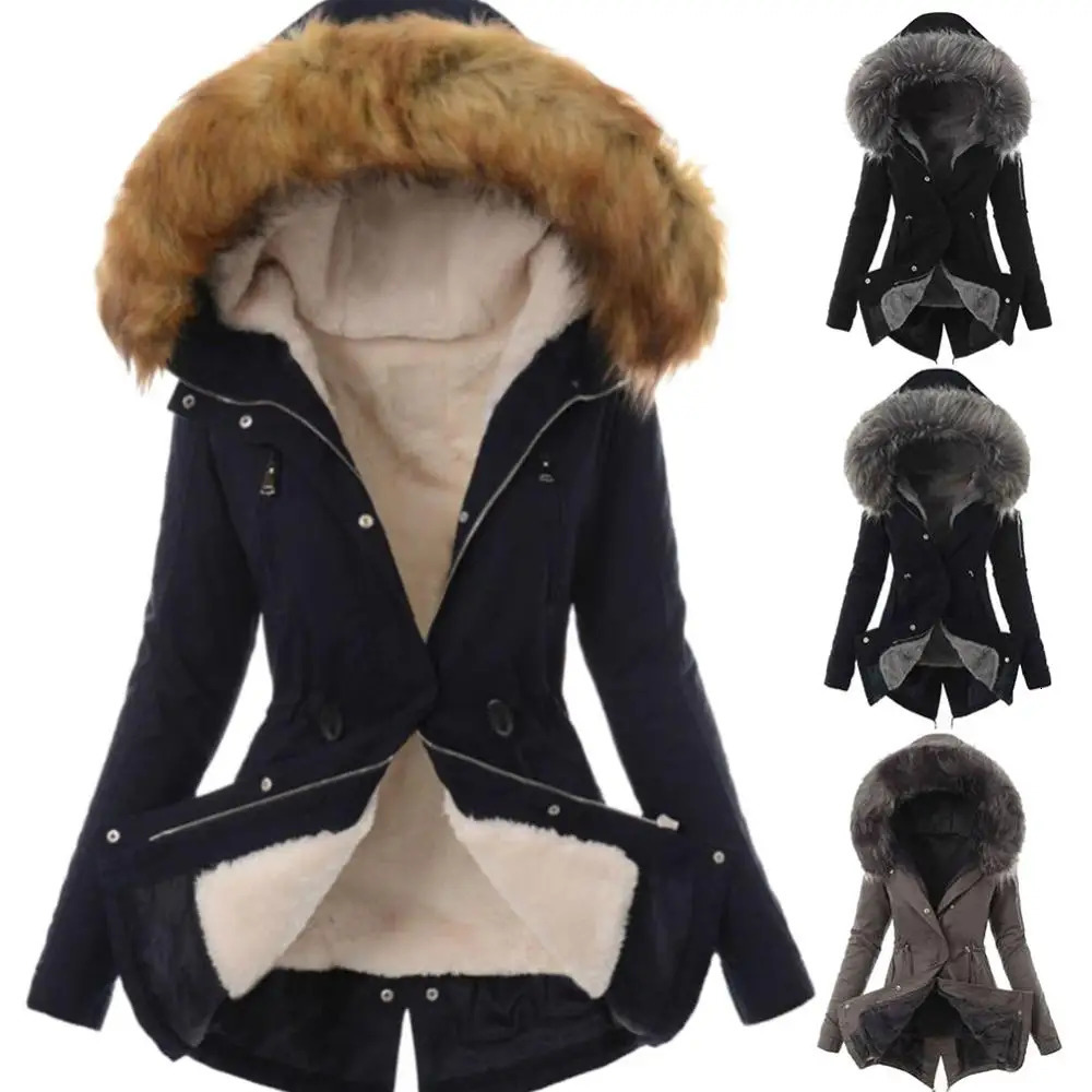 Warm Winter Women Faux Fur Hooded Cotton Down Jacket Casual Outwear Long Overcoat 241018