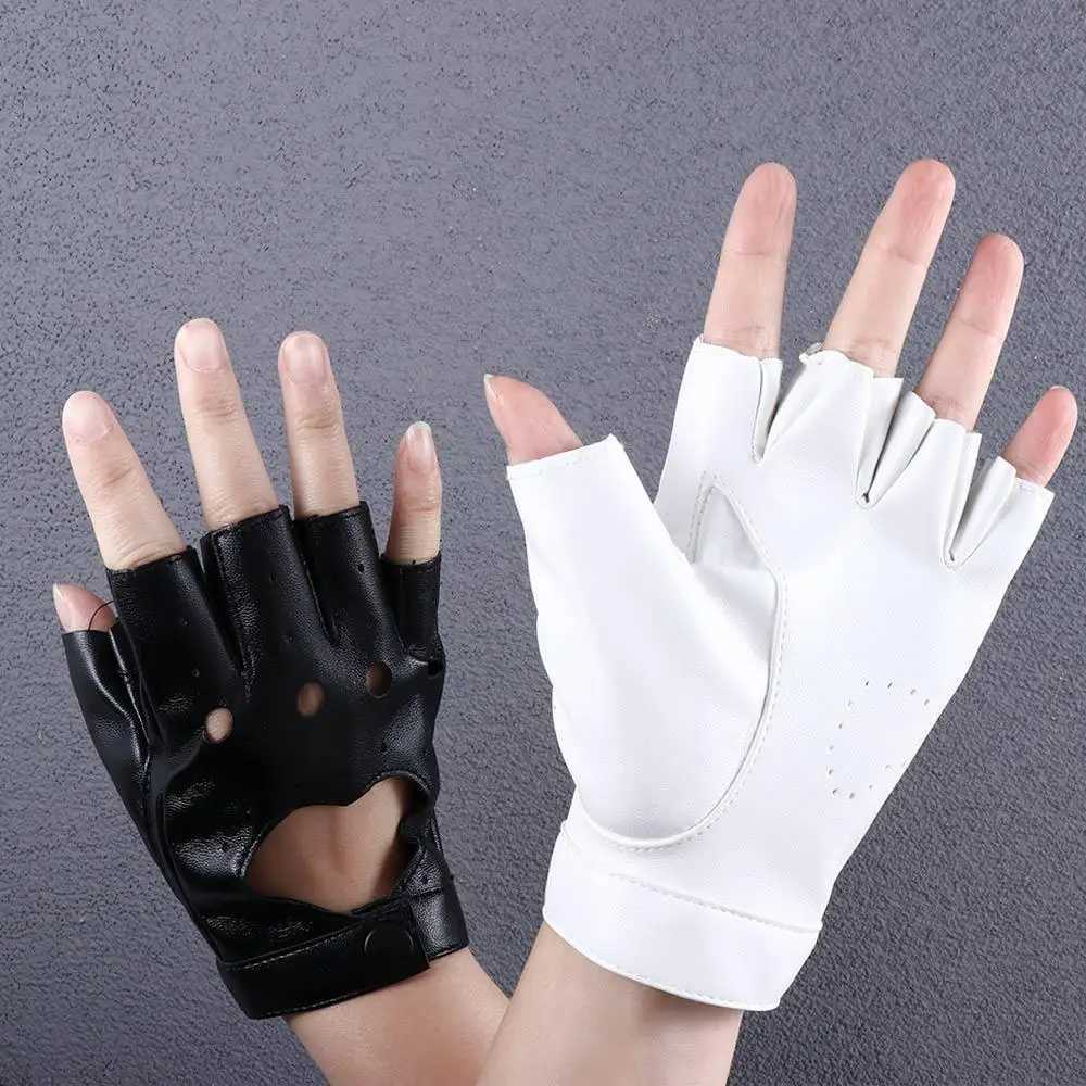 Egant Hip Hop Black and White Hollow Girl Punk Korean Anime Finger Gloves PU ather Womens GlovesW241018