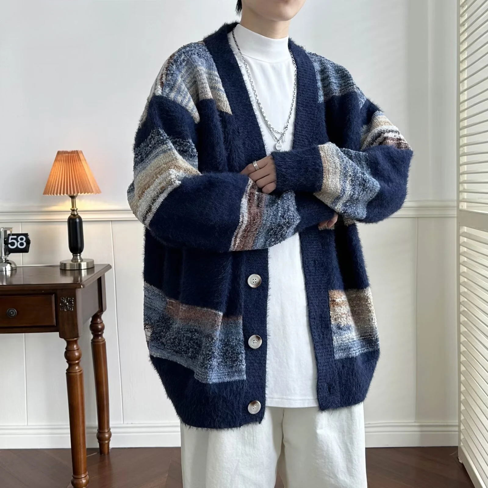 Striped Cardigan Men Chic Baggy Slouchy Vneck Japanese Style Harajuku Vintage High Street Knitting Sweaters Allmatch Autumn 241018
