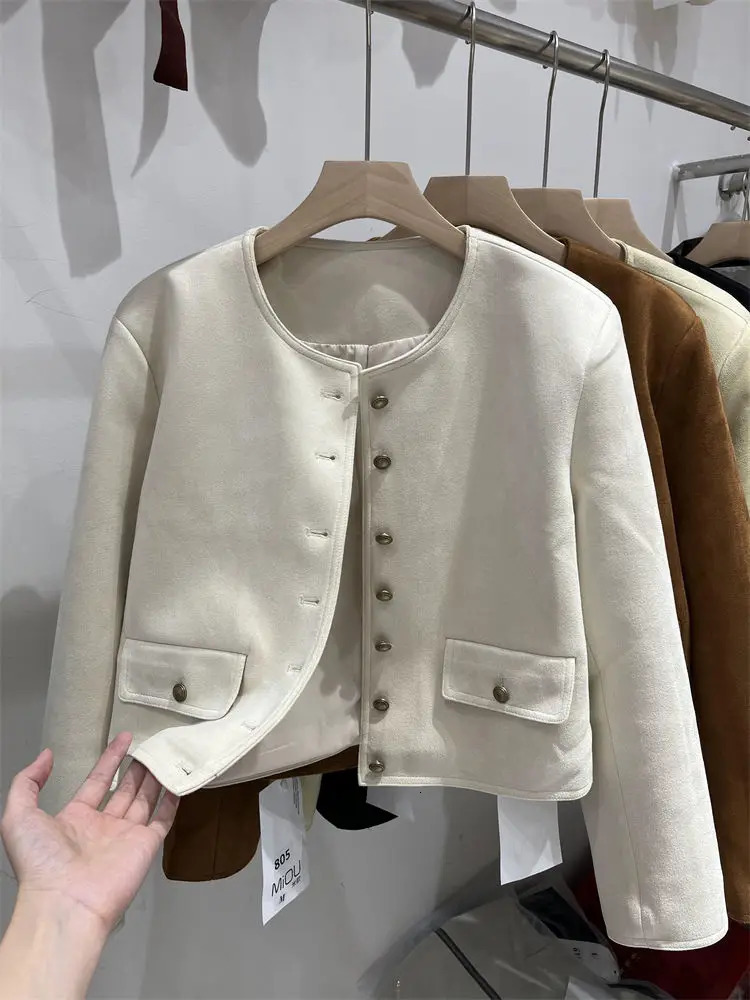 Short Coat Suede Small Fragrance Spring WomenS French Round Neck Solid Color Casual Top Autumn 241018
