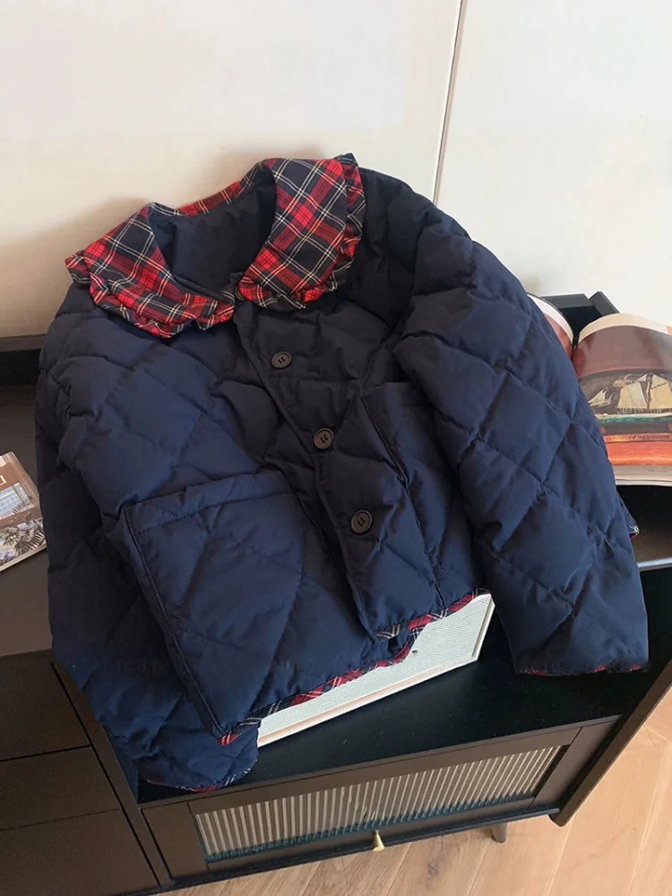 Preppy Doll Collar Warm Patchwork Coats Women Casual Pocket Tops Winter Short Loose Single Breasted Y2K All Match Parkas 241018