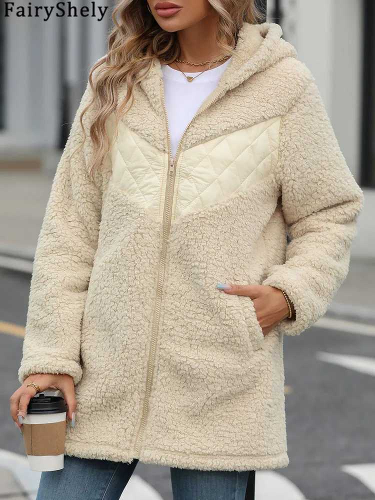 FairyShely 2024 Winter Solid Patchwork Women Jacket Thick Plush Hooded Warm Long Sleeve Long Coat Soft Zipper Cardigan Lady CoatX241018