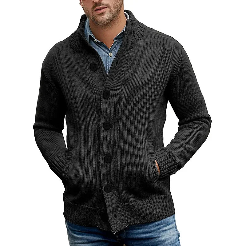 European and American Mens Sweater Cardigan Solid Color Singlebreasted Slimfit Highneck Knitted Autumn Winter Top 241018