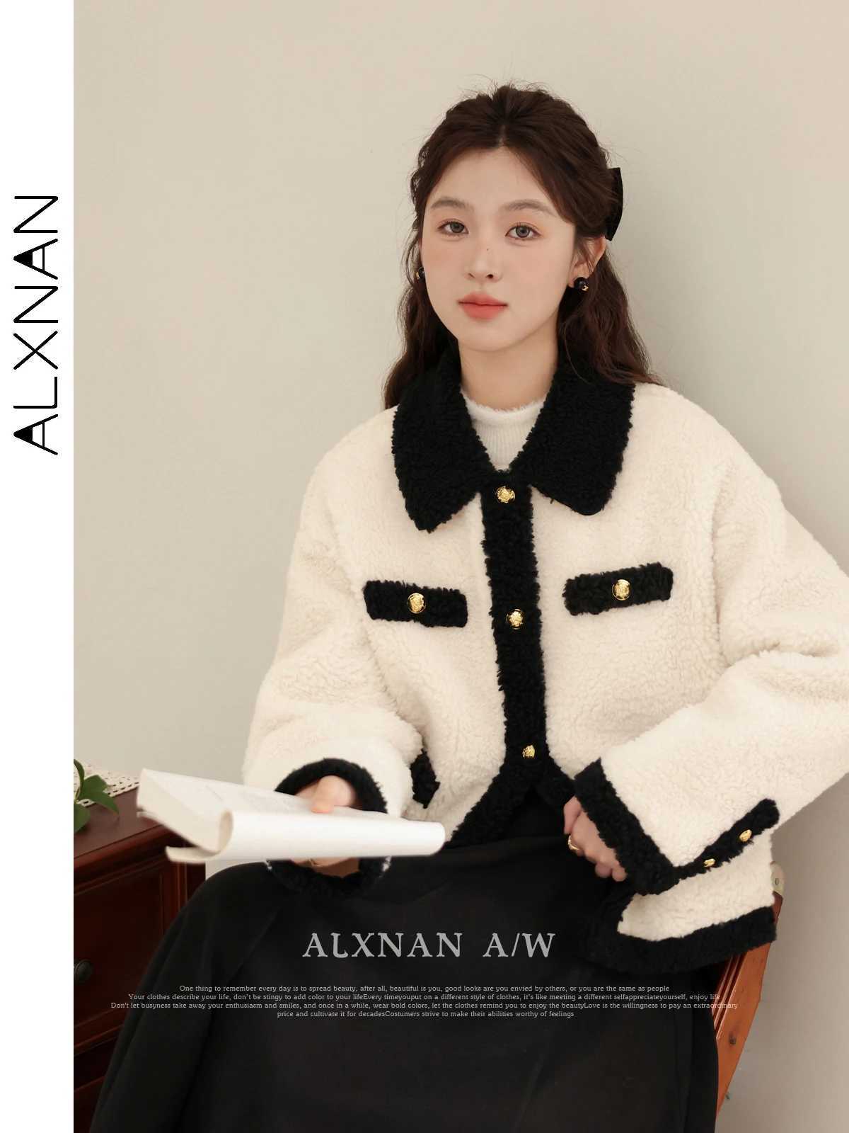ALXNAN Lamb Wool Coat 2024 Autumn Winter New Elegant Lapel Collar Long Sleeve Loose Short Jacket Outerwear for Women LXN32291X241018