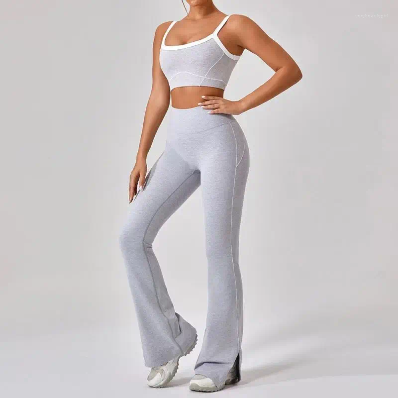 Outfits For Woman Tracksuit Active Sets Summer 2pcs Patchwork Sport Yoga Suit High Waist Flare Split Leggings Fitness Workout Set Sportwear