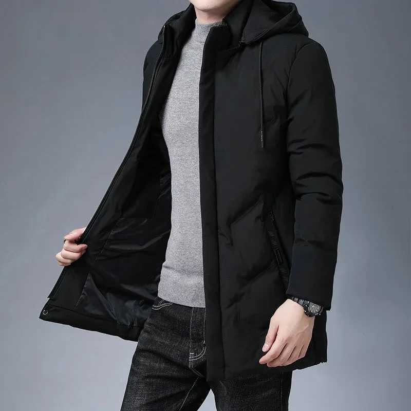 Fashion Men Long Parkas Coat Solid Slim Fit Warm Thicken Jacket Outwear Windproof Coat Hooded Cotton-padded Zipper Windbreaker LX241018