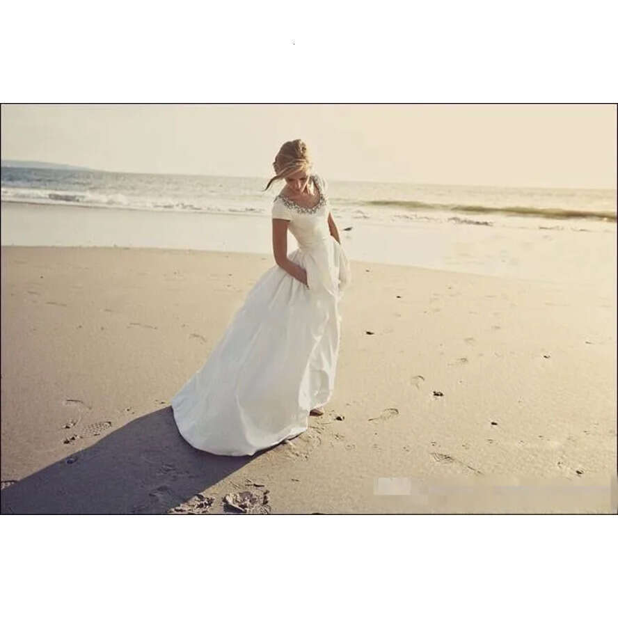 Crystal Vintage E A Dresses Satin Scoop Neck Beaded Swep Train Custom Made Ruched Beach Wedding Gown