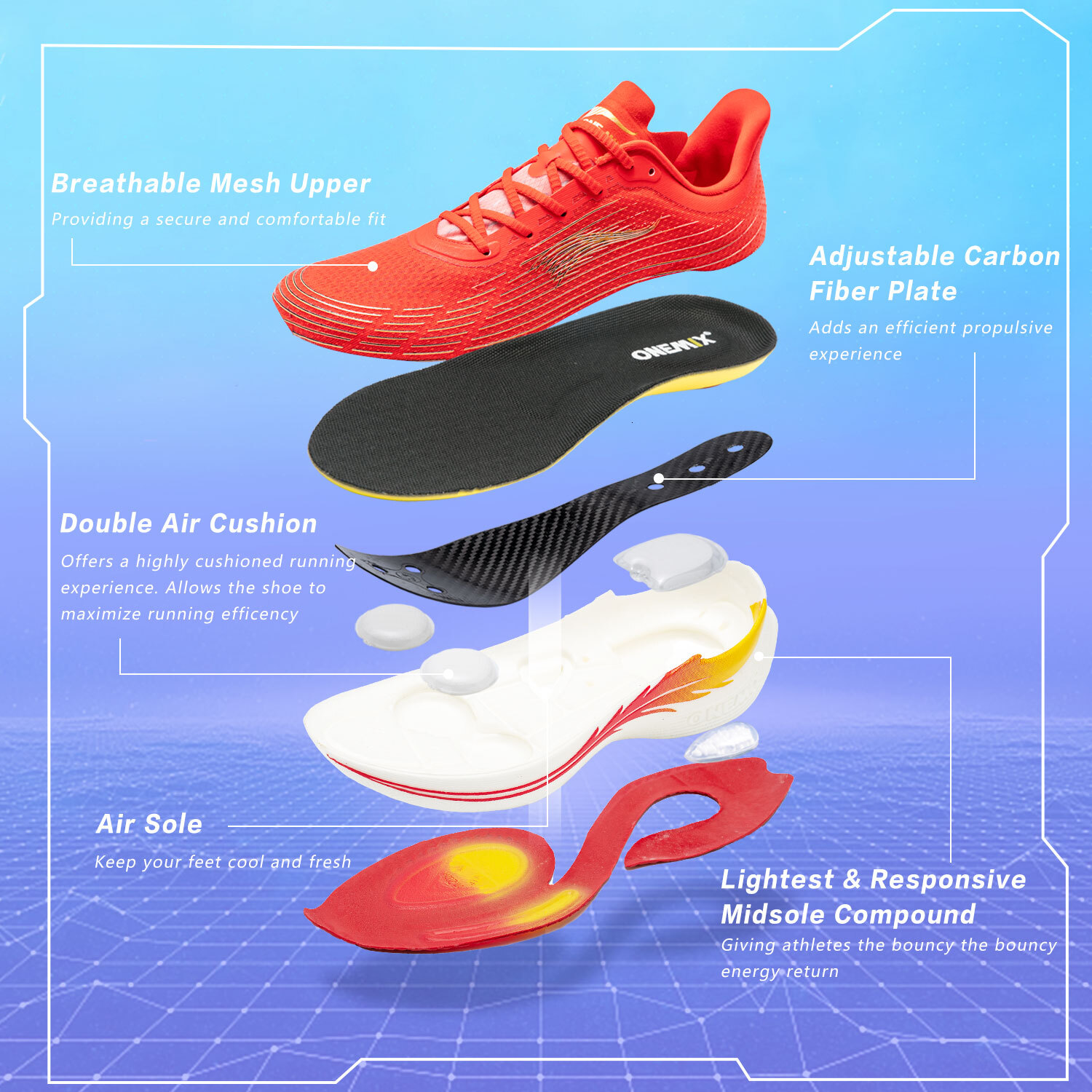 ONEMIX Men Marathon Running Carbon Plate Breathable Mesh Athletics Walking Shoes Red Women Trainers Sport Sneakers Ddmythur