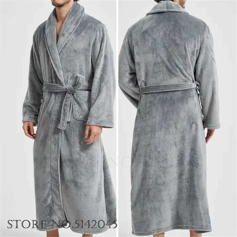 Mens Coral Fleece Long Bathrobe Gown Sleepwear Winter Thick Flannel Robe Lounge Wear Loose Home Clothes Nightwear with PocketXJ241018