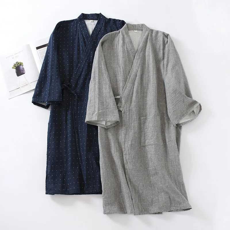Spring and Summer Japanese Style Pure Cotton Gauze Mens Kimono Pajamas Thin Oversized Bathrobes Long Home ClothesXJ241018