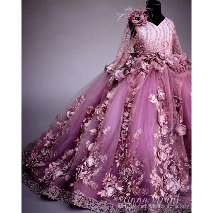Ral Applique 3D Plum Ball Gown Girl Dresses Sheer Long Sleeve Appliques Or Length Kids Toddler Pageant Gowns Bc1952 s s