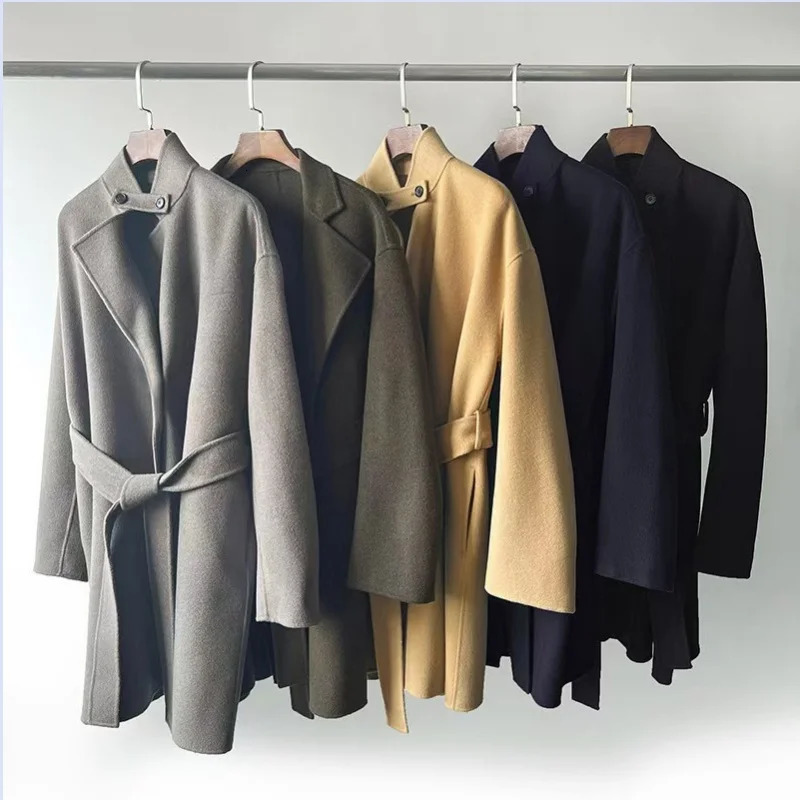 Heavy duty woolen fabric from Sweden niche stand up collar without buckle waistband mid length coat jacket 241018