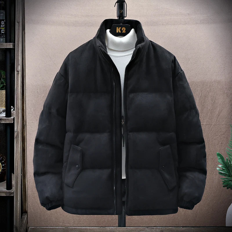 Waterproof jacket mens winter stand up collar artificial suede inflatable jacket retro park mens solid color fashionable oversized warm jacket 241007