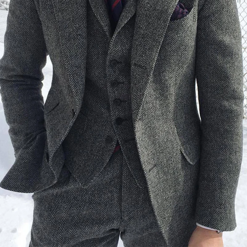 Gray Wool Tweed Men Suits For Wedding Winter Herringbone Formal Groom Tuxedo 3 Piece Male Fashion Costume Blazer Vest With Pants