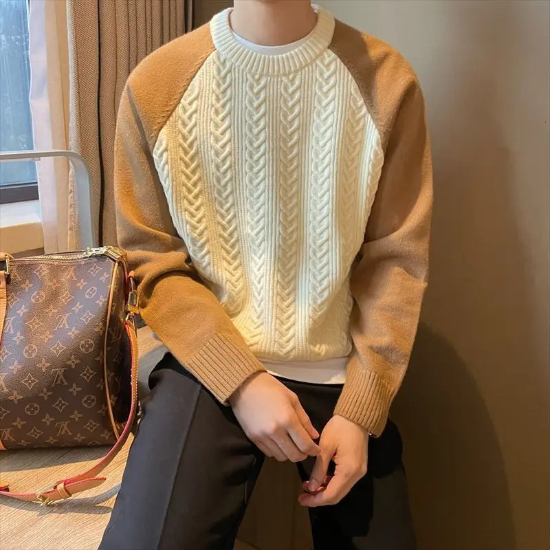 Sweater Mens Versatile Contrast Color Letter Fashion Casual Knitting Trend Minimalist ONeck Loose Long Sleeved Tops 241018