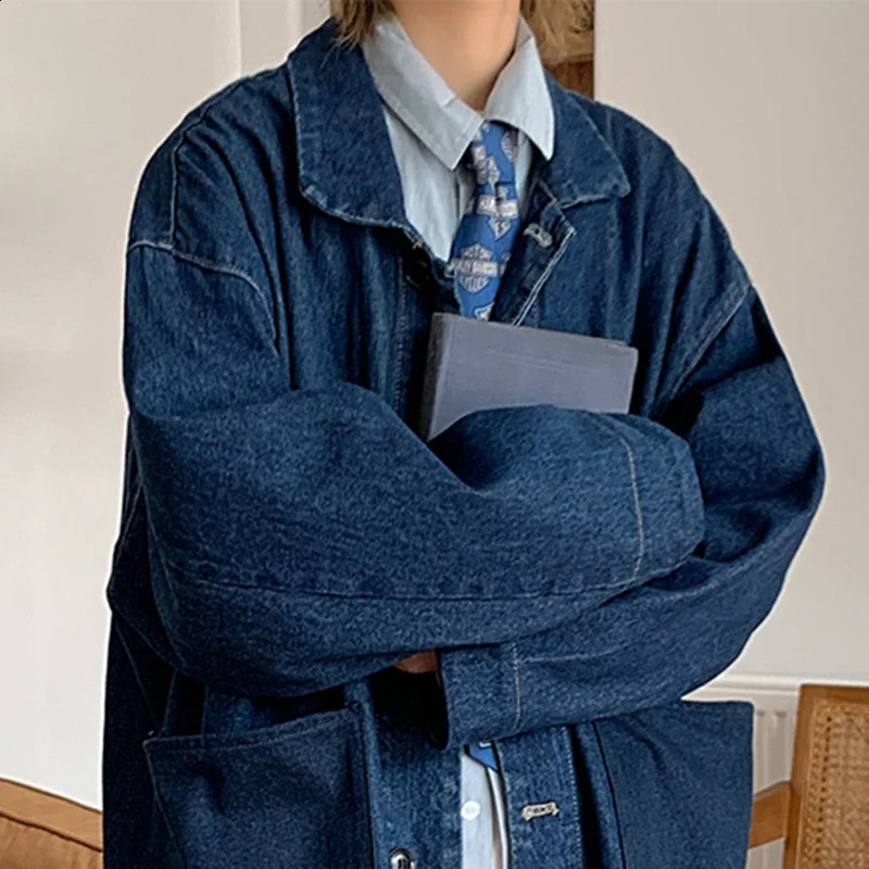 IEFB Mens Coat Autumn Loose Denim Windbreaker Fashion Harajuku Unisex Knee Long Trench High Street Korean Outerwear 28A3615 241017