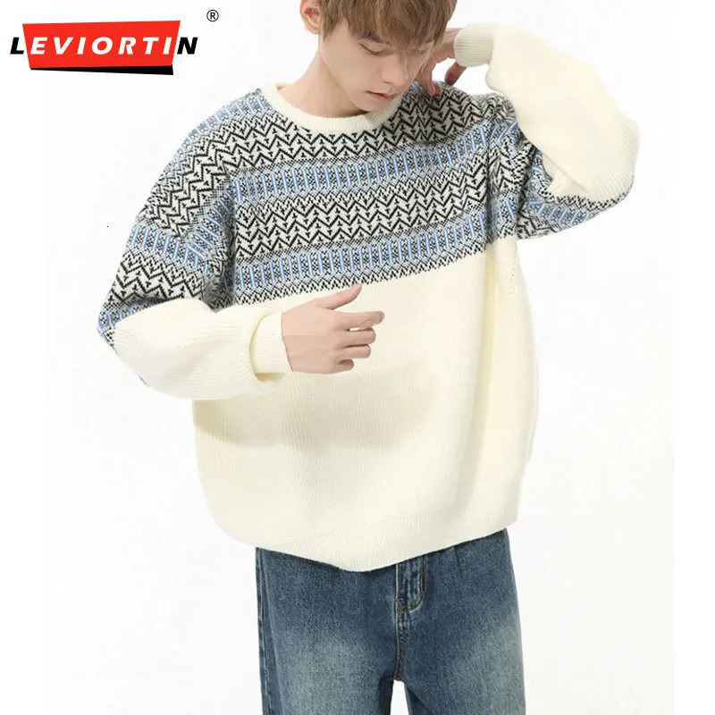 Mens Autumn Collection Korean Color Contrast Splicing Retro Round Neck Gentle Temperament Knitted Loose Sweater Hoodie 241018