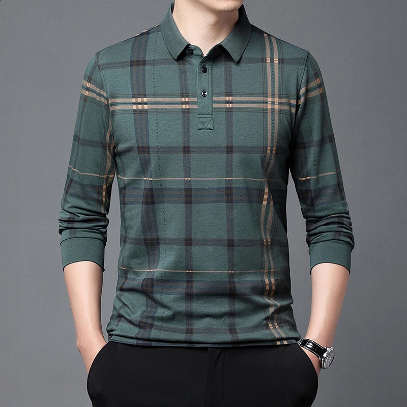 2023 Autumn mens long sleeve lapel checkered polo shirt business leisure wash cotton high quality Tshirt men 241009