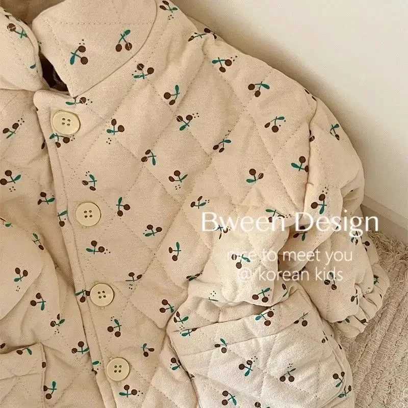 Autumn/Winter New Girl Baby Fashion Comfortable Cherry Printed Round Neck Thin Cotton Coat M241018