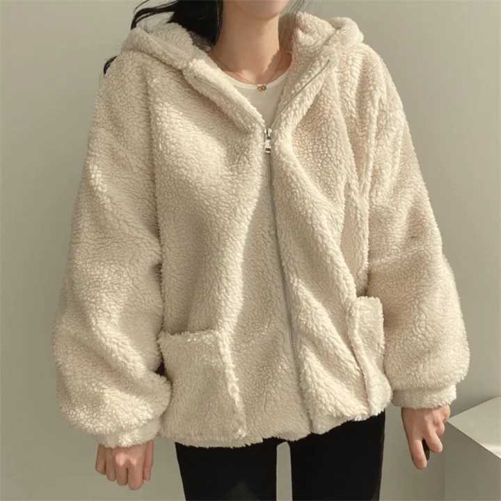 Loose Zipper Hooded Jacket 2024 Women Thicken Korean Version Plush Thickened Lamb Wool Cotton Middle Length Coat WinterX241018