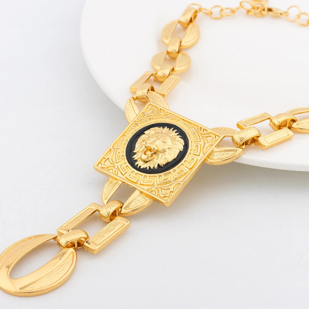 YM Necklace For Women Dubai Gold Plated Lions Head Jewelry Sets Cuff Bangles Rings Fashion Dangle Earrings for Banquet Party 241007