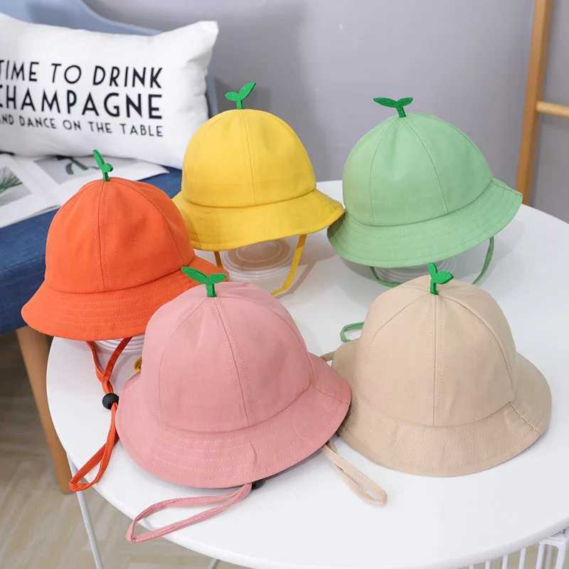 Cute Baby Bucket Hat With Sprout Spring Summer Children Drawstring Fisherman Hat Solid Color Boys Girls Beach Panama Sun Cap LX241018