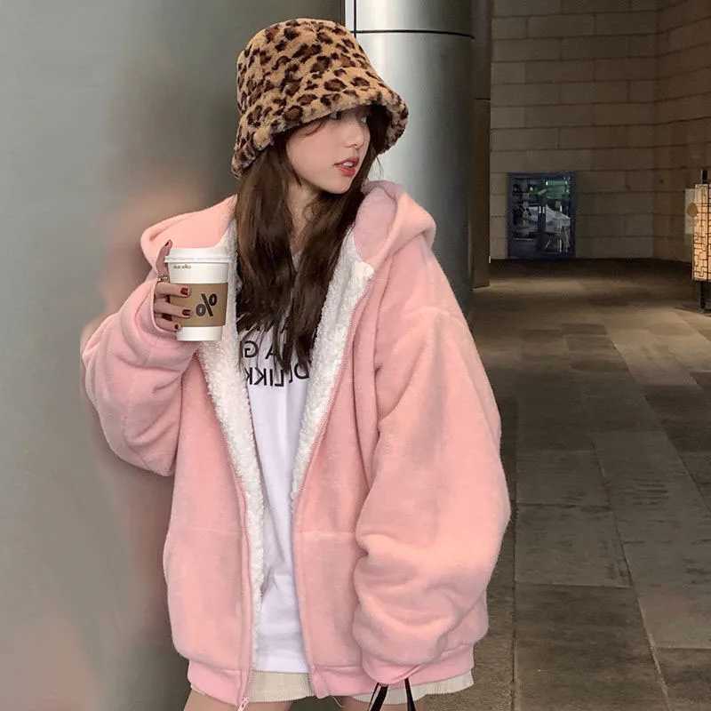 Pink Plus Velvet Hooded Sweatshirts Women Autumn Winter Zipper Thicken Warm Hoodies Woman Korean Student Lamb Wool CoatX241018