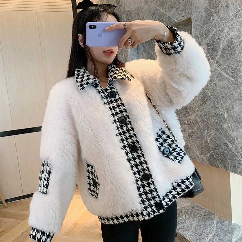 2023 autumn/winter new Korean version of loose lamb wool plaid splicing imitation fur jacketX241018