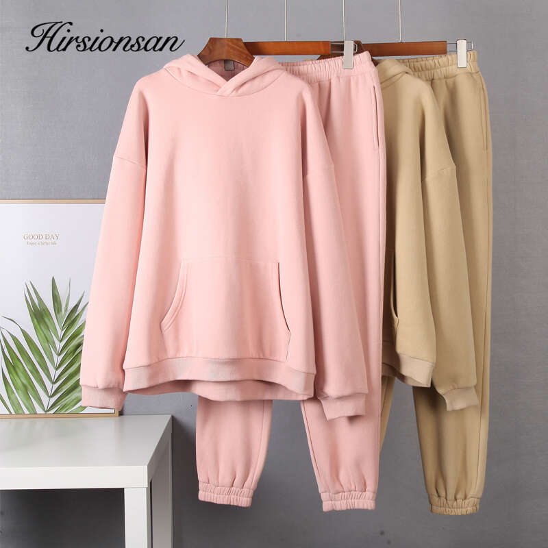 Hirsionsan Soft Cotton Fleece Women Autumn Winter Thicken Warm Hoodie Sweatshirts And Pants Two Piece Sets Ladies Tracuit