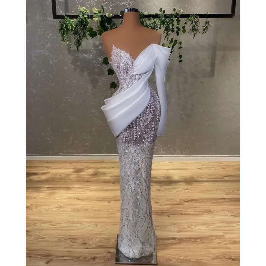 Arabic Size Aso Plus Ebi Urious Lace Sheath Wedding Dress Sheer Neck Beaded Pearls Vintage Bridal Gowns Dresses ZJ Es es