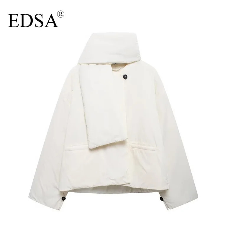 EDSA Women Crop Parkas Quilted Jacket White Black Outerwear Short Padded Removable Scarf Warm Winter 241018