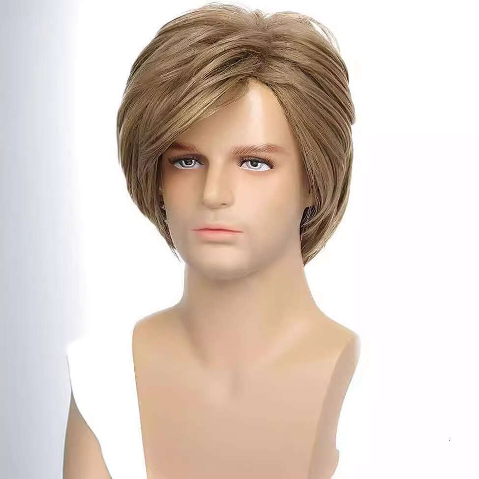 2023 Light Brown Men's Short Wig Layered Straight Hair Fluffy Natural Direct Sales