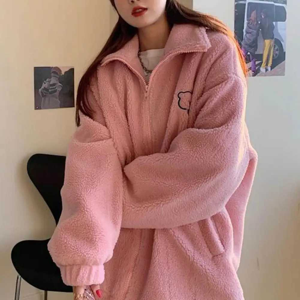Imitation Lambswool Jacket Zipper Placket Sweatshirt Coat Thickened Plush Winter Jacket with Cartoon Bear Pattern Cozy for WomenX241018