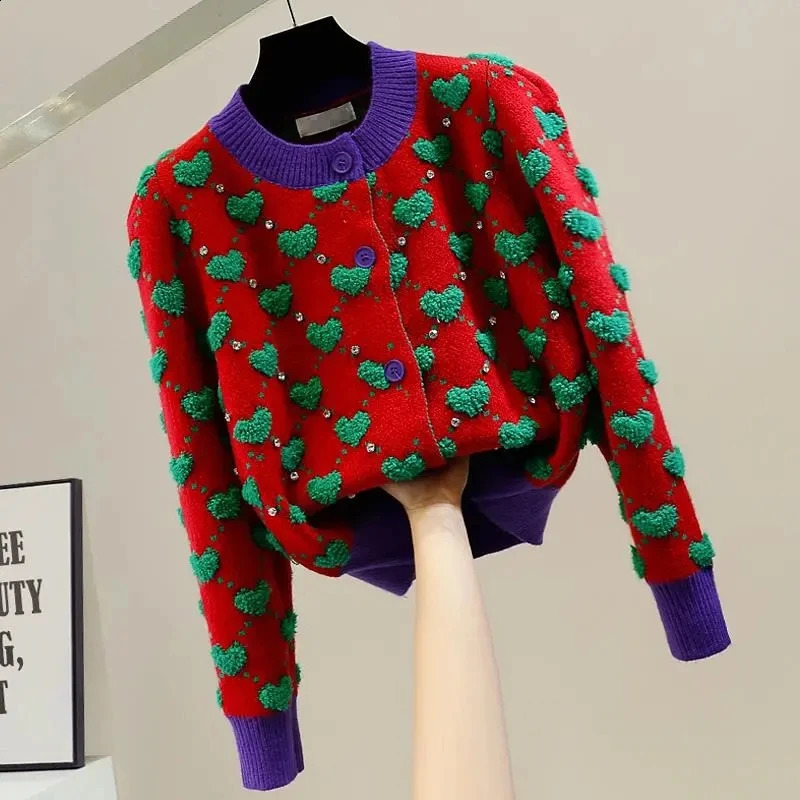 Heart Plaid ONeck Vintage High Street Knitted Womens Cardigans Sweater Korean Fashion Single Breasted Short Cardigan For Women 241010