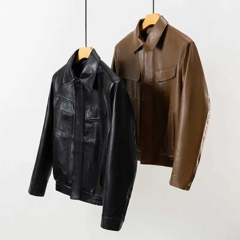 Mens artificial leather bomber jacket motorcycle lapel zipper bicycle jacket retro streetwear black brown jacket Y241018