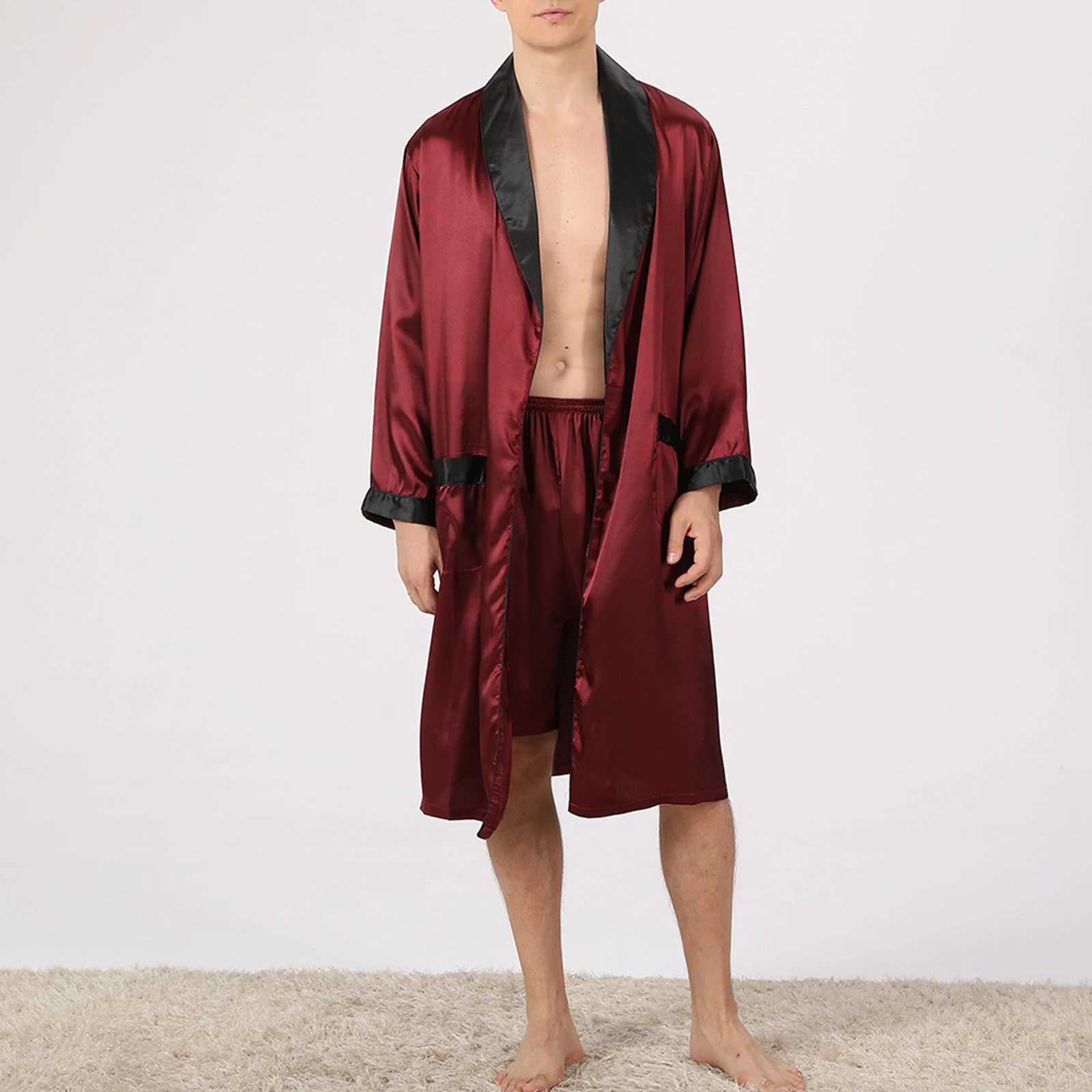 Douhoow Men Pajama Set Summer Male Long Sleeve Open Front Robe with Shorts and Belt Sleepwear LoungewearXJ241018
