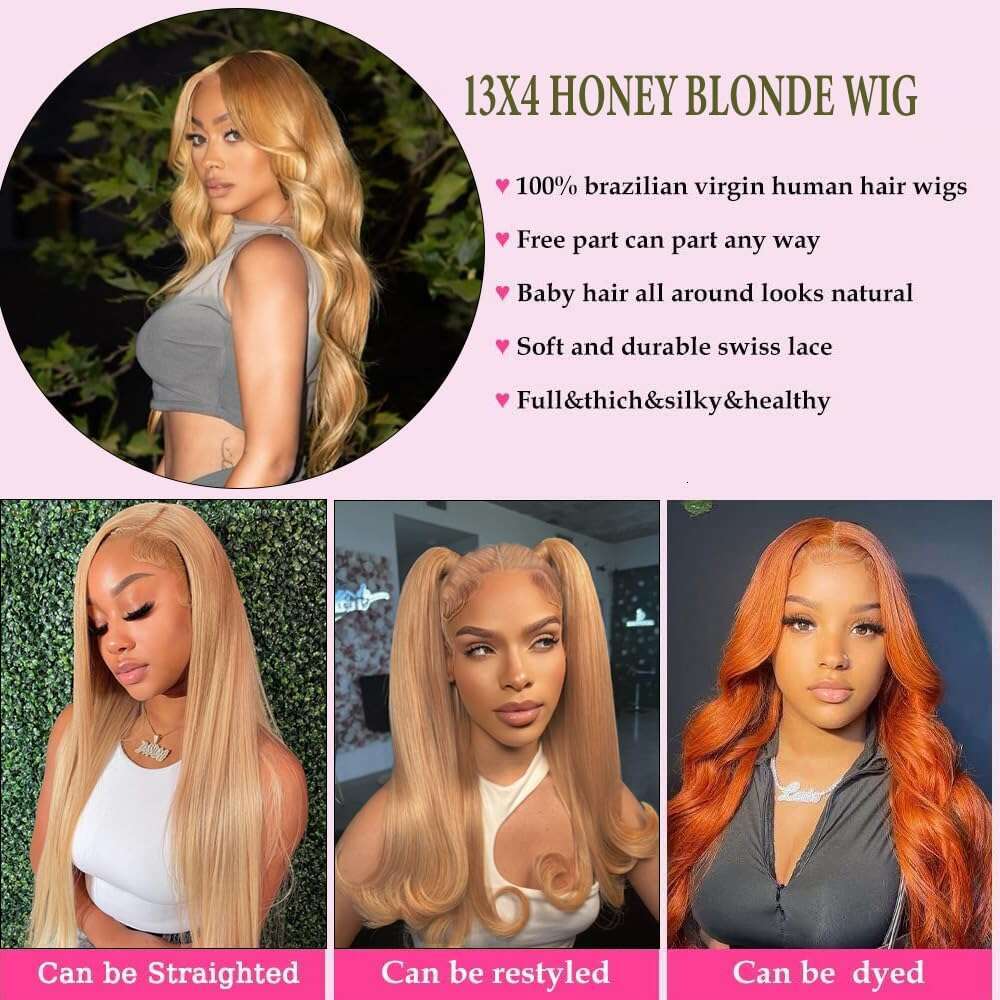 30 34inch #27 Honey Blonde Body Wave Lace Front Human Hair Wig Preplucked 13x6 HD Transparent Color Lace Frontal Wigs For Women