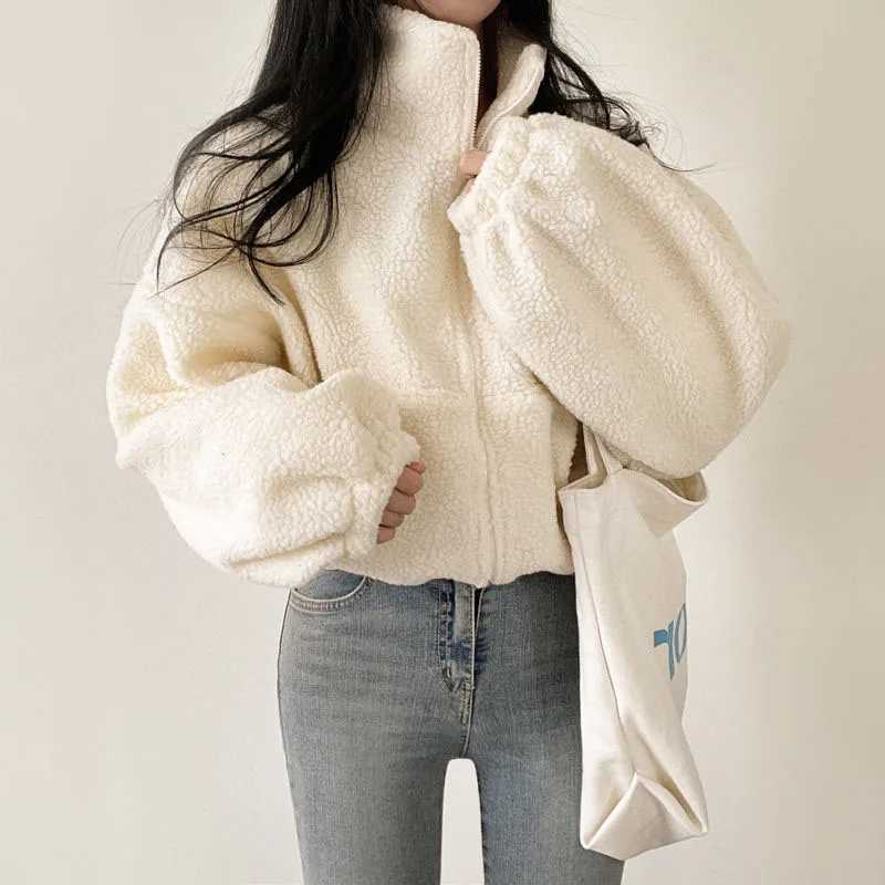 Lucyever Women Short Lamb Wool Jacket 2024 Autumn Winter Thicken Warm Plush Coat Female Fashion Zipper Stand Collar OuterwearX241018