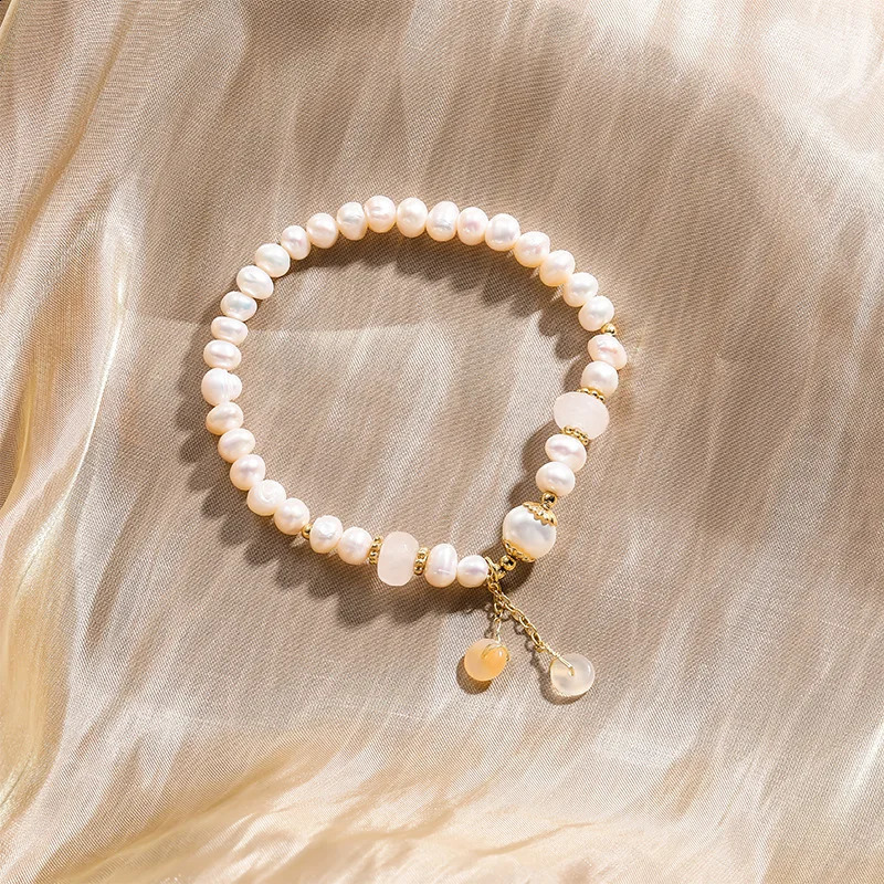 Minar Irregular Freshwater Pearl Pink Crystal Natural Stone Bead Tassel and Flat Buckle Bracelet 241018