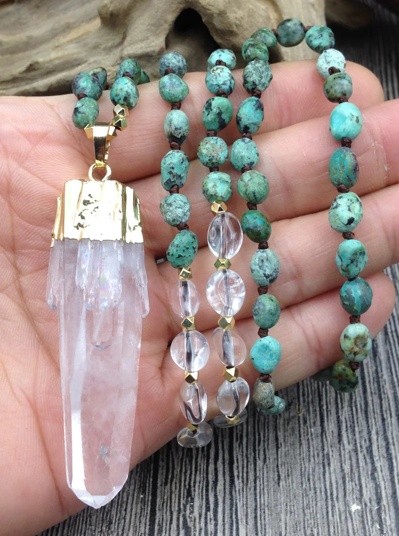 YA2829 Natural Quartz Pendant African Turquoise Quartz Irregular Gold Nuggets Bead Knot Handmade Necklace 241018