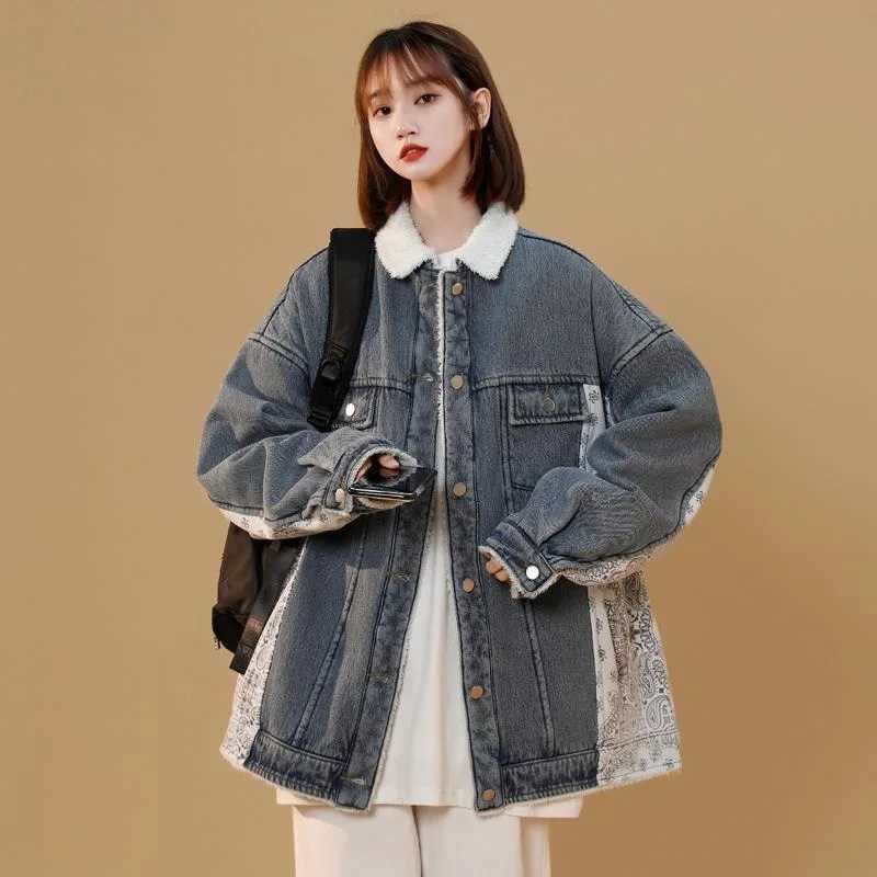 Vintage Winter Thicken Lambswool Denim Jackets Fashion Long Parkas Turn-down Collar Chic Printed Coats Warm Clothes for WomenX241018