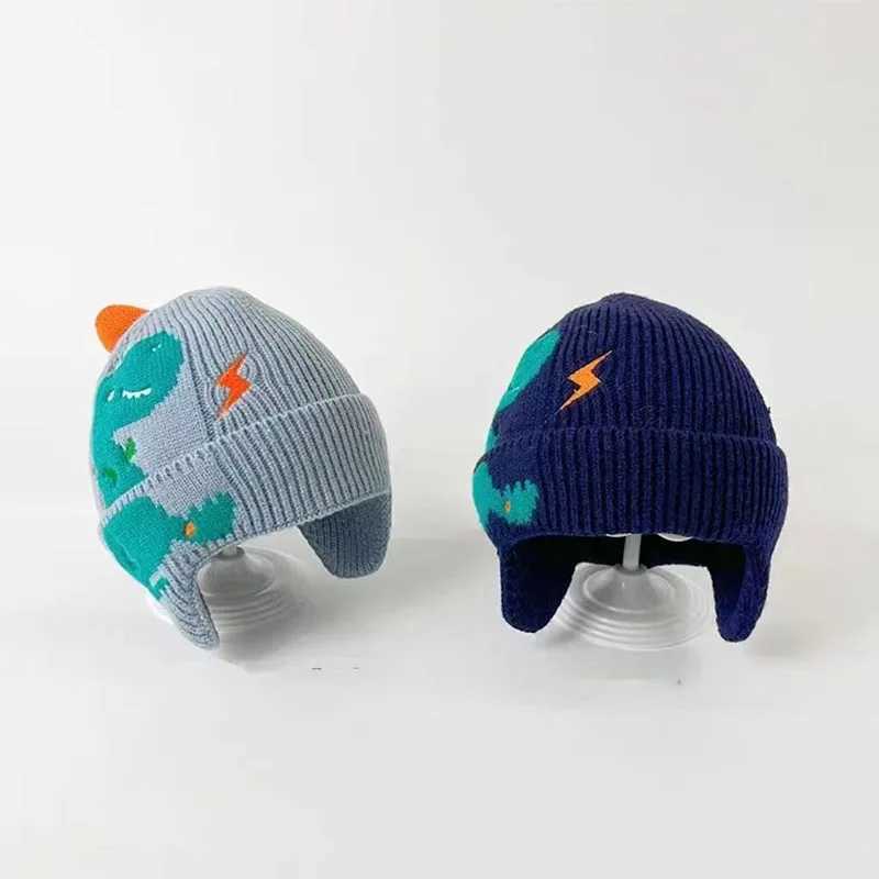 Winter Warm Baby Ear Protection Hat 3D Dinosaur Kids Earmuffs Cap Toddler Woolen Knitted Hats 2-6 Years Children Beanies LX241018