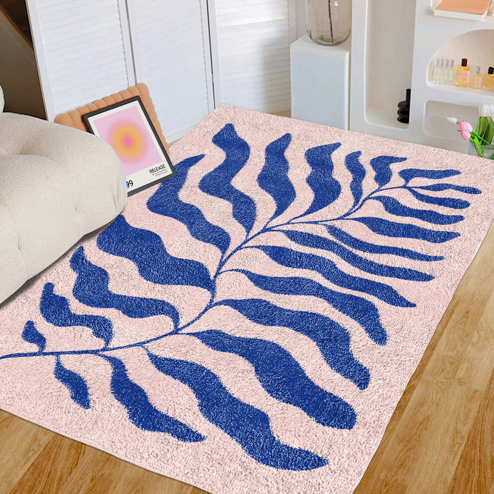Blue Matisse Leaf Fashionable Retro Danish Pink Decorative Bedroom Living Room Modern Y2K Fashion Accent Carpet 1017 H260226