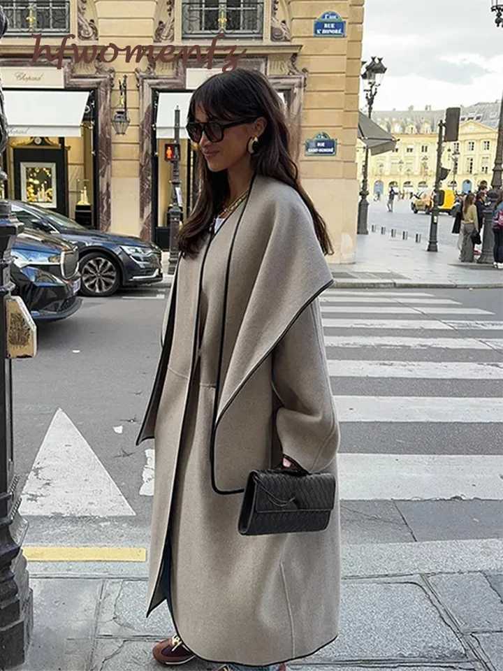 Elegant Woolen Patchwork Long Coat Women With Scarf Loose V-neck Full Sleeve One Button Overcoat Autumn Lady High Street OutwearX241009