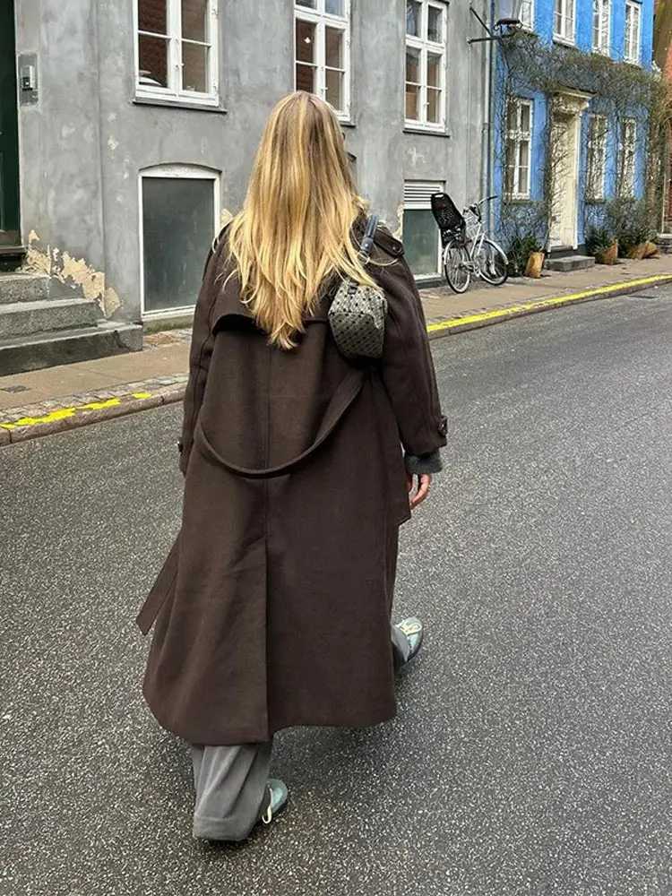 Elegant Brown Double-breasted Woolen Overcoat With Belt Women Long Sleeve Loose Lapel Casual Coat Autumn Warm Commute OutwearX241009