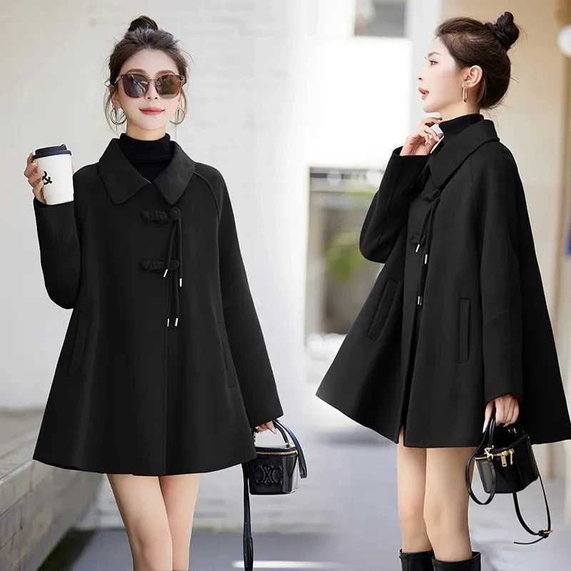 2024 Winter New Coat Retro Age-Reducing Loose Coat Medium Long Fashion Age-Reducing Slimming Women Jacket Red woolen cape jacketX241009
