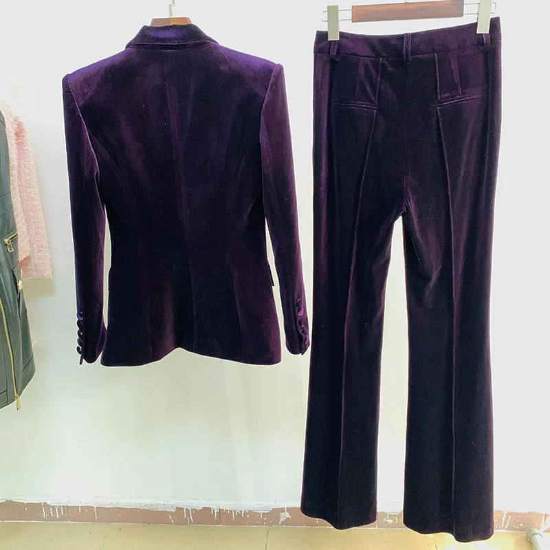 Velvet jacket womens set purple brown autumn and winter item one button jacketflame pants twopiece office 241009