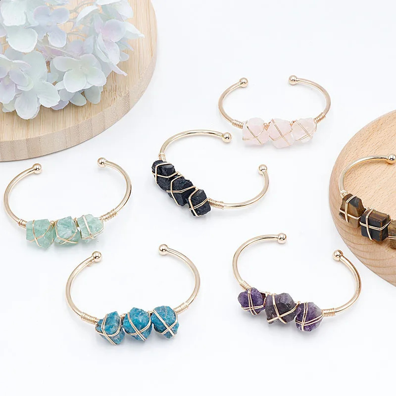 Reiki Natural Stone Cuff Bracelet Womens Coil Wrapped Irregular Ore Stone Amethyst Sapphire Crystal Treatment Bracelet 241018