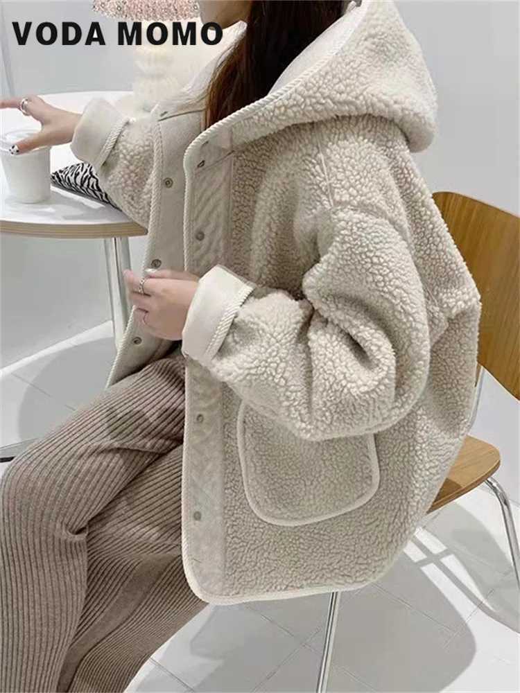Womens Autumn Winter Loose Warm Lamb Coat Outerwear Female Ladies Cute Fashion Hooded Button Up Jacket Lamb Wool Coat BasicX241018